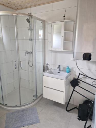 a bathroom with a shower and a sink at A&M Apartamenty in Łukęcin