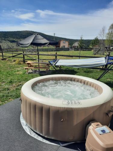 a large hot tub in a yard with an umbrella at Tiny House Maguri in Măguri