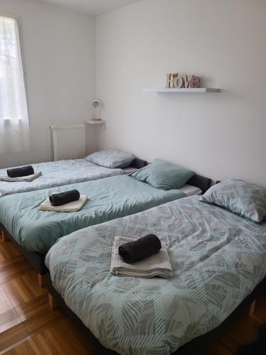 2 Betten mit Handtüchern auf einem Zimmer in der Unterkunft Charmante maison in Vitry-le-François
