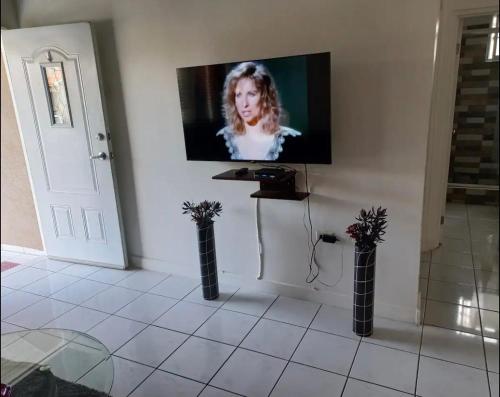 una habitación con TV en una pared con tres jarrones en Mi Casa Comfort Estate en Portmore