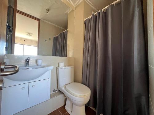 y baño con aseo y lavamanos. en Reñaca Departamento Holiday Park 605 cómodo y buena ubicación familiar, en Viña del Mar
