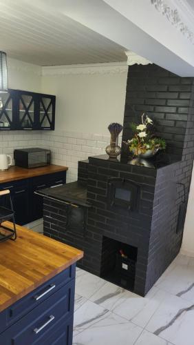 a kitchen with a black brick oven in a room at Leśne Wzgórze nad Soliną in Bóbrka