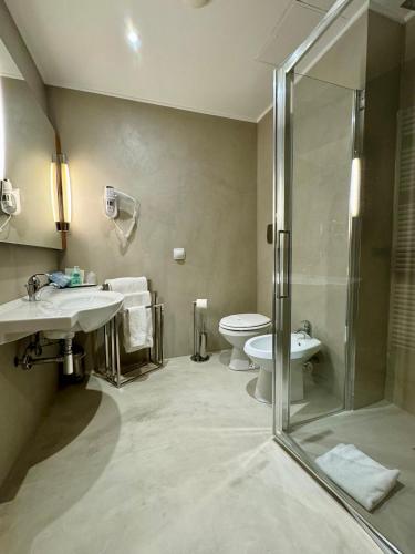 a bathroom with a shower and a toilet and a sink at First Hotel Malpensa in Case Nuove