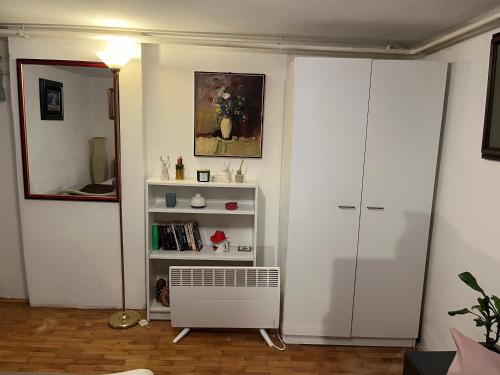 a room with a book shelf and a white cabinet at İstanbul apartment 1 in Belgrade