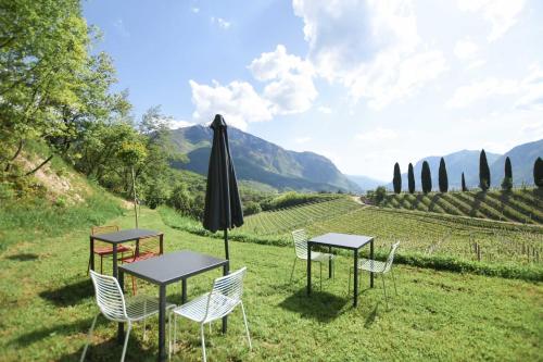 a table and chairs and an umbrella in a field at Agritur Casteller in Trento