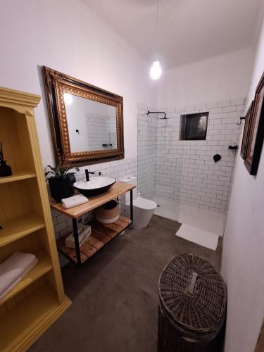 a bathroom with a sink and a shower with a toilet at Acacia Home in Graaff-Reinet