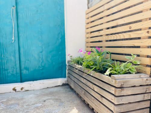 a wooden planter with plants in it next to a door at Guesthouse near the Castle of Himare in Himare