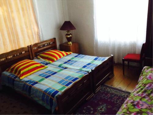 ein Schlafzimmer mit einem Bett mit zwei bunten Kissen in der Unterkunft Tamar Guest House in Gori