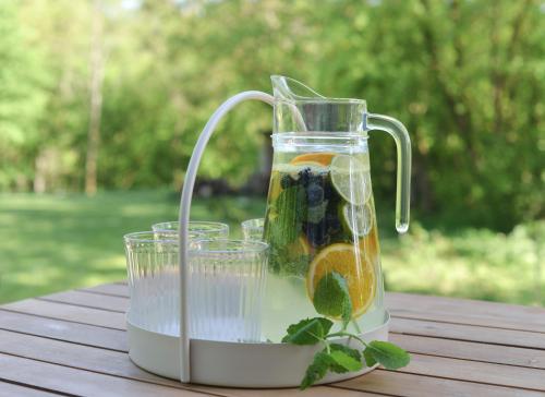 a pitcher of lemonade with fruit and mint on a table at Domki na polance in Horyniec Zdrój