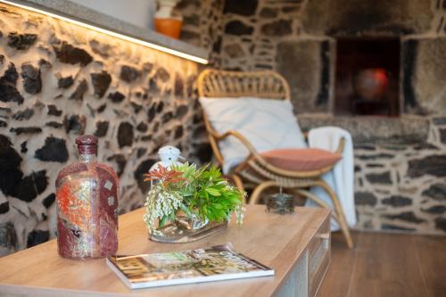 una mesa con una botella y una planta en ella en Casa Tarrío con Piscina - Santiago de Compostela en Boqueijón