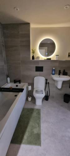 ein Badezimmer mit einem weißen WC und einem Waschbecken in der Unterkunft Luxury Penthouse - Central Location - 2 Bed in Leeds