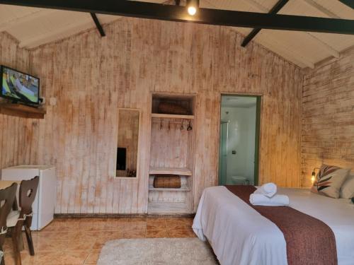 um quarto com paredes de madeira, uma cama e uma televisão em Pousada Brisa da Mantiqueira em Monte Verde