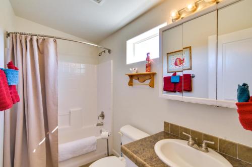 a bathroom with a sink and a toilet and a shower at Tranquil Cabin Getaway w/ Panoramic Mtn View! in Antero Junction
