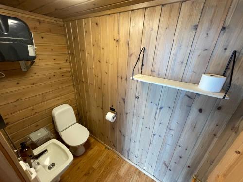a small bathroom with a toilet and a sink at FUGELVÅGEN, cabins and glamping 