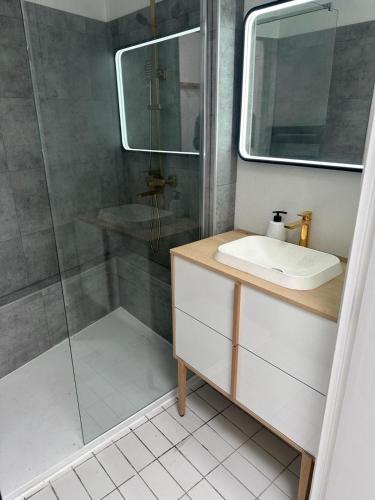une salle de bain avec un lavabo et une douche dans l'établissement Studio première ligne mer parking, à La Grande Motte
