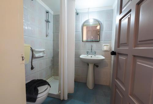 a bathroom with a sink and a toilet and a mirror at Bikakis Family Apartments in Kissamos