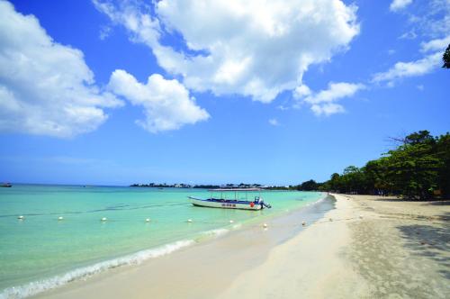 a boat in the water on a beach at Sunset at the Palms Resort - Adults Only - All Inclusive in Negril