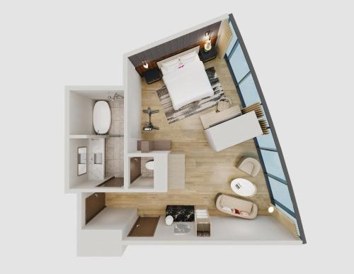 a rendering of a small apartment floor plan at Caesars Republic Scottsdale, a Hilton Hotel in Scottsdale