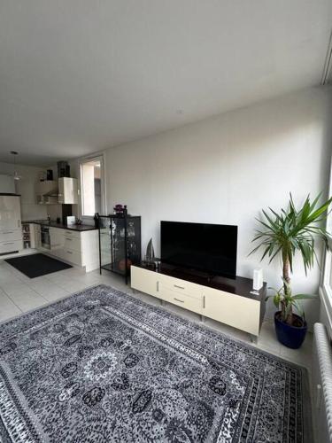 a living room with a flat screen tv on a wall at Schöne Wohnung in zentraler Lage in Klagenfurt