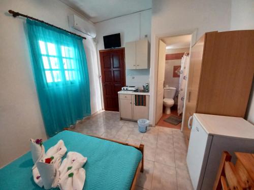 a small room with a kitchen and a bathroom at Evelina Family Beach Pension a breath away from the Black Beach offer plenty of accommodation type to suit every traveler's needs-Economic Rooms-Thematic Rooms-Design Rooms-Kitchenette Rooms-Studios-Small Apartments in Perissa