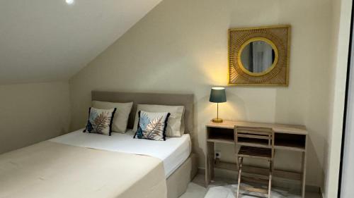 niewielka sypialnia z 2 łóżkami i lustrem w obiekcie Grand studio charmant, tout équipé… w mieście Saint-Denis