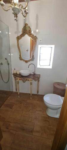 a bathroom with a sink and a mirror and a toilet at Carlana House in Paredes de Coura