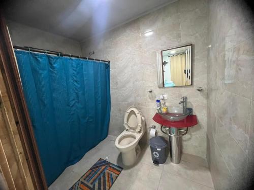 a bathroom with a toilet and a blue shower curtain at Bella Marcela in Buenavista