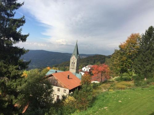 Schöfweg的住宿－Bayerischer Wald auf 800m Höhe-Willkommen，山顶上陡峭的教堂