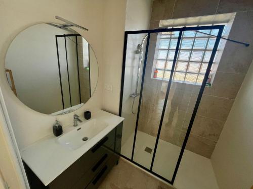 uma casa de banho com um chuveiro, um lavatório e um espelho. em MAISON FLEURS - 5min de Vichy - Jardin - Calme em Creuzier-le-Vieux