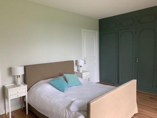 1 dormitorio con 1 cama con almohadas azules y armarios verdes en Gîte Villemaury, 3 pièces, 4 personnes - FR-1-581-69, en Châteaudun