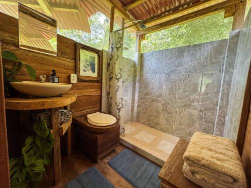 a bathroom with a shower and a toilet and a sink at Cabaña Guasale (Toucan) in Guachaca