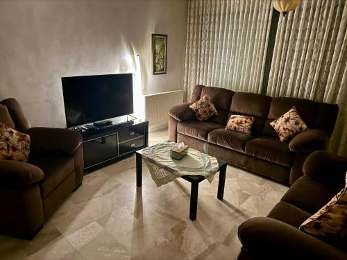 een woonkamer met 2 banken en een tv bij Abdoun apartment in Amman