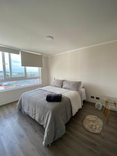 ein Schlafzimmer mit einem großen Bett und einem großen Fenster in der Unterkunft Depto Parque Víctor lamas in Concepción