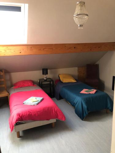 Dos camas sentadas en una habitación con ventana. en le p'tit studio au calme au pied du Jura, en Messia-sur-Sorne