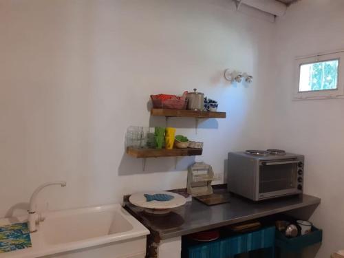 a kitchen with a sink and a microwave at Holiday Home Dark Green House in Chacras de Coria
