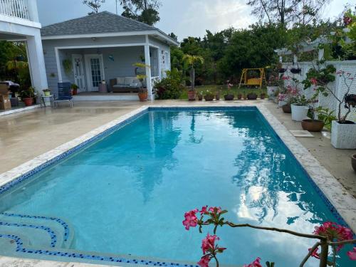 a swimming pool with blue water in front of a house at Sea Shells in Nassau