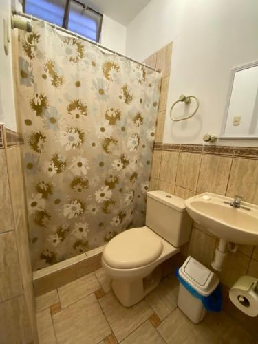 een badkamer met een toilet en een douchegordijn bij Nice family house with big rooms in Ica