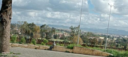 a person sitting on a wall looking at a city at ESC Apartments in Fès