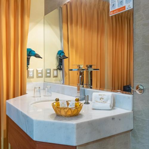 a bathroom with a sink with a basket on it at Hotel Maison Du Soleil in Arequipa