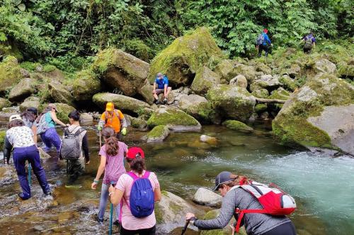 a group of people crossing a river on rocks at Casa Arthémis - Guapiles in Guápiles