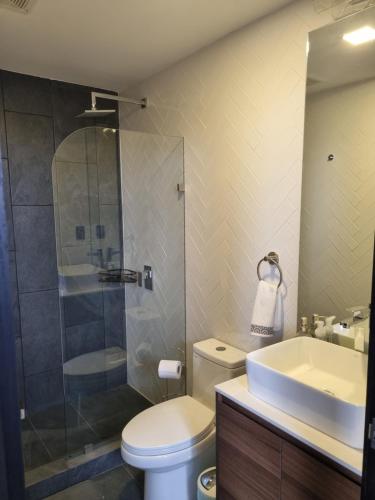 y baño con aseo, lavabo y ducha. en Apartamento 2 Habitaciones, Edificio EON, Zona 10, Turin, en Guatemala