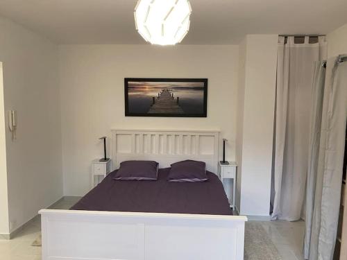 um quarto com uma cama grande e almofadas roxas em Appartement cosy 29 m2 à 5 min Basel parking gratuit em Saint-Louis