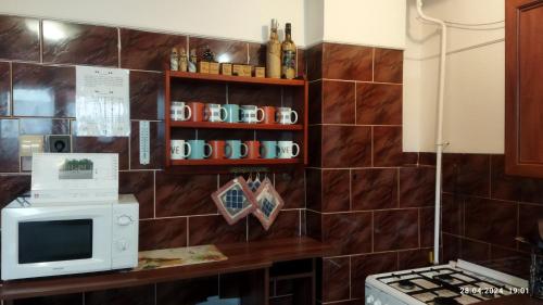 a kitchen with a microwave and a counter with mugs at Lucky Cat in Nová Lesná
