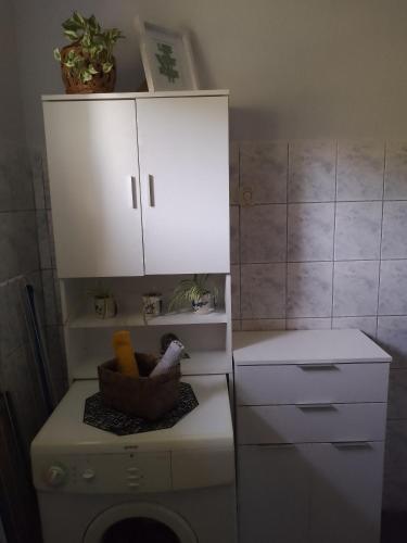 a bathroom with a white cabinet and a bird sitting on a washing machine at Apartman Bepo in Gospić
