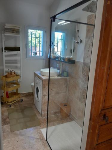 La salle de bains est pourvue d'une douche et d'un lavabo. dans l'établissement Le Mazet de Louise, à Saint-Rémy-de-Provence