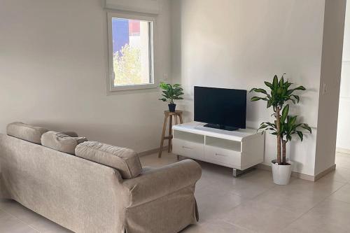een woonkamer met een bank en een flatscreen-tv bij Maison neuf centre ville in Metz