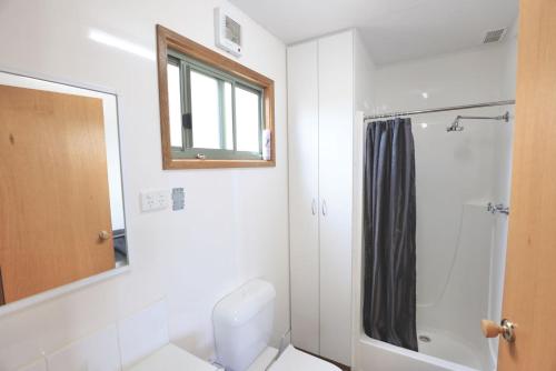 a bathroom with a toilet and a shower and a mirror at Sea Vu Caravan Park in Robe