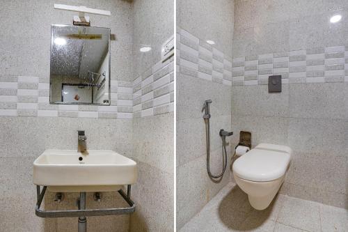 two pictures of a bathroom with a toilet and a sink at FabExpress Ginger Suites - Nr BHEL LTD in Bengaluru