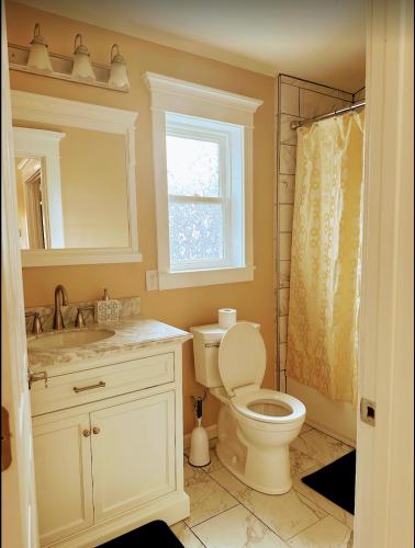 a bathroom with a toilet and a sink and a window at Delightful dwelling in Buffalo