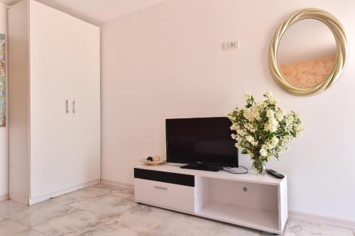 a living room with a tv and a mirror at Vadul Chiquita in Vadu